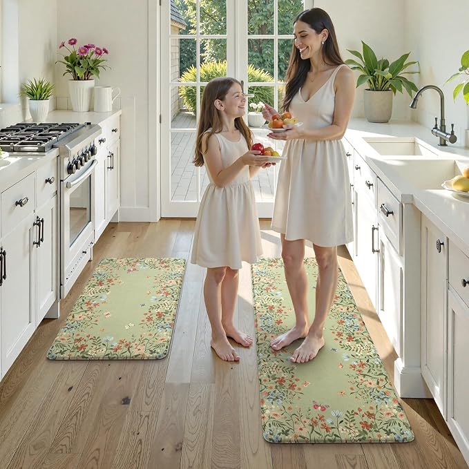 KIMODE Anti Fatigue Kitchen Mat for Floor, 17"x47"+17"x29" Butterfly Flower Kitchen Rugs Non Skid, Cushioned Padded Kitchen Floor Mat, Comfort Standing Mat for Laundry Office Sink Desk Sage Green
