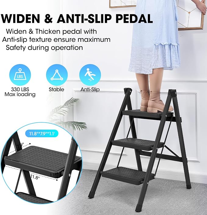 3 Step Ladder, Folding Step Stool for Adults, Lightweight Aluminum Step Ladder, Portable 330 LBS Capacity Ladders for Home Kitchen Library Office, Small Step Stools with Anti-Slip Wide Pedals