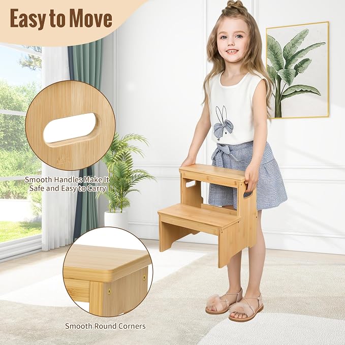 Two Step Stool for Adults and Kids, 450lbs Heavy Duty Step Stool, Bamboo Step Stool for High Beds, Portable Helper Step Stairs for Kids, for Kitchen, Bathroom, RV, Bedside Step Stool, Natural