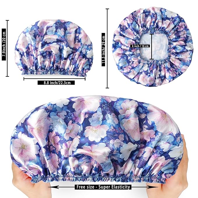 4 PCS Shower Cap for Women, Elastic and Reusable Bath Caps, Double Layers Shower Caps Reusable Waterproof, Bathing Shower Caps, Environmental Bath Hair Protection Cap - Printing Flower D