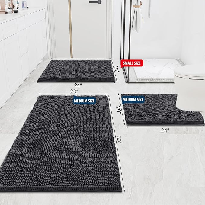 Smiry Luxury Chenille Bathroom Rugs 47x20, Extra Soft and Absorbent Shaggy Bath Mat, Machine Washable, Non-Slip Plush Carpet Runner for Tub, Shower, and Floor, Home Decor Accessories, Charcoal Grey
