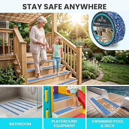 LifeGrip Rubber Anti Slip Tape, Waterproof Grip Tape for Pool, 4 Inch x 38 Foot Non Slip Safety Tape for Stairs, Outdoor, Shower, Wooden Stairs, Textured Comfortable for Bare Foot, Blue