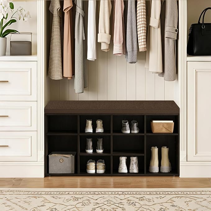 DINZI LVJ Shoe Storage Bench with Cushion, Cubby Shoe Rack with 12 Cubbies, Adjustable Shelves, Multifunctional Shoe Organizer Bench for Entryway, Mudroom, Hallway, Closet and Garage, Espresso