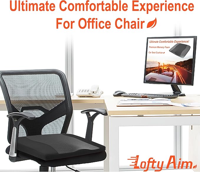 Lofty Aim Car Seat Cushion, Comfort Memory Foam Car Cushions for Driving - Sciatica & Lower Back Pain Relief, Driver Seat Pillow for Auto, Office Chair, Wheelchair - Obsidian Speck Black