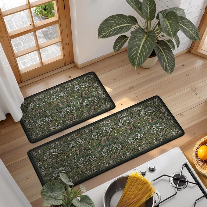 Collive Kitchen Mats for Floor, Cushioned Anti Fatigue Mat Dark Green Floral Rugs 2 Piece Non Skid Waterproof Sink Rug, Memory Foam Comfort Standing Mat for Office, Laundry, Desk