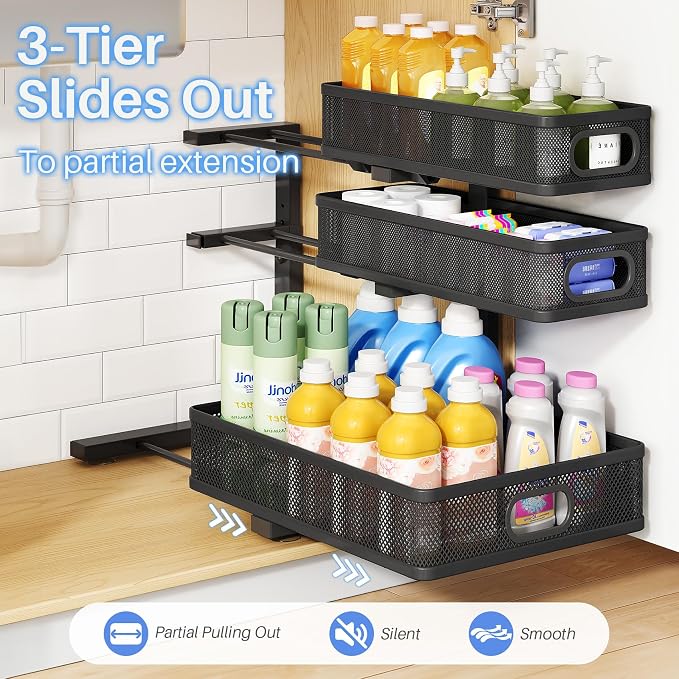 Under Sink Organizer, 2-Pack 3-Tier Thickened Metal Pull out Cabinet Organizer Shelf, Height Adjustable Slide out Storage Drawer Rack for Kitchen Bathroom Pantry Laundry Home Office Organization