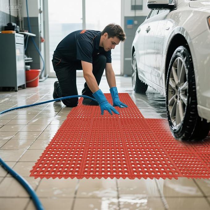 ROVSUN Rubber Floor Mat with Holes, Anti-Fatigue/Non-Slip Drainage Mat, for Industrial Kitchen Restaurant Bar Bathroom Utility Garage Pool Entry Door Mat, Indoor (36''x 36'' Red 1Pcs)