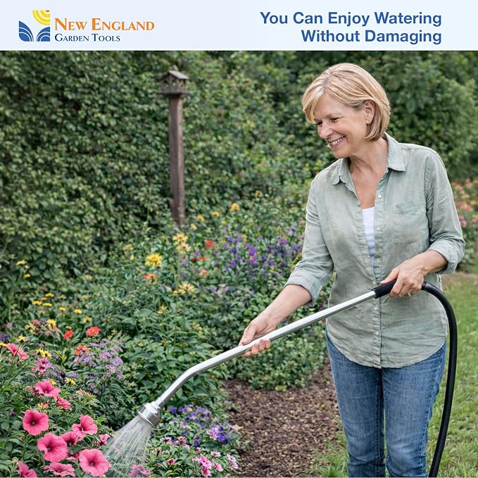 30 Inch Soft Rain Watering Wand 600003, Gentle Shower Spray, Heavy Duty Lightweight Metal Build, Comfort Grip, Flow Control Shut Off Valve, for Plants, Yards, Cars & Pets, by New England Garden Tools