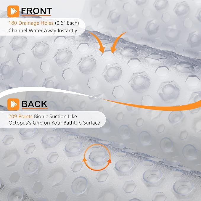 Yimobra Bathtub Mat Non Slip, 27.5"X15.5" Machine Washable Shower Floor Mat, Soft on Feet, Bath Mat with Drain Holes and Suction Cups, Bathroom Essentials, Clear