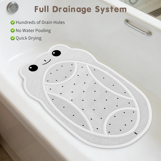 Upgraded Kids Bathtub Mat Non Slip, Low-Odor Natural Rubber Bath Mat with Strong 18mm Suction Cups, Flat Non-Slip Surface, 30"x18" Cute Frog Design, Shower Mat Fast Draining for Smooth Tubs, Beige