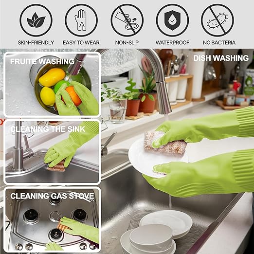 DABOGOSA Reusable Waterproof Household Dishwashing Cleaning Rubber Gloves, Non-Slip Kitchen Glove (Green, Large (Pack of 3))