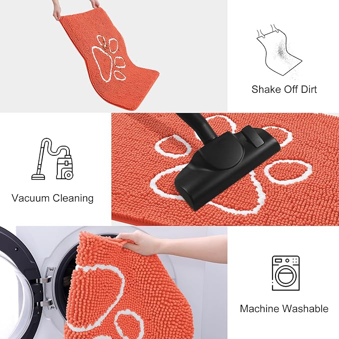 Smiry Dog Door Mat for Muddy Paws, Absorbent Dirt Trapper Non Slip Quick Dry Washable Chenille Mat for Mud Dogs, Entry Rug for Indoor and Outdoor (36x24 Inches, Coral and White)