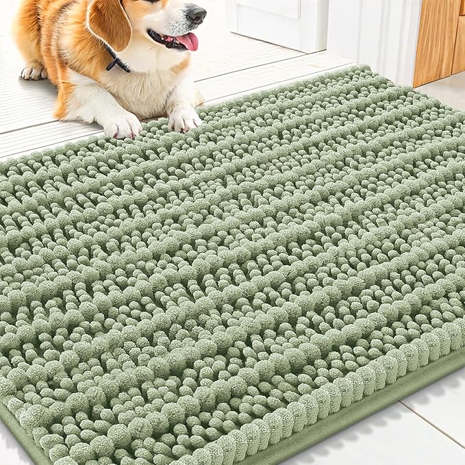 Smiry Dog Door Mat for Muddy Paws 30x20, Absorbent Dirt Trapper, Non-Slip Washable Chenille Entryway Rug for Inside Floor, Sage Green, Layered Pattern