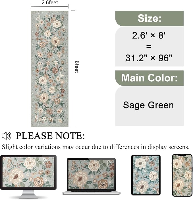 DUKINO Runner Rug, 2.6x8 Kitchen Rugs for Hallway with Non Slip Backing, Washable Low Pile Soft Boho Floral Runner Carpet for Hallway, Kitchen, Entryway, Laundry, Bedroom, Sage Green