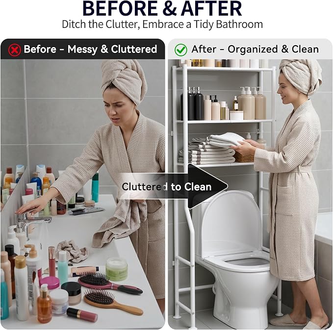 3-Tier Over The Toilet Storage, Freestanding Metal Bathroom Shelves, Space Saver Above The Over Toilet Storage Shelf for Bathroom (White)