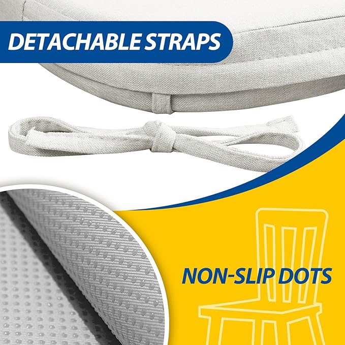 AAAAAcessories D-Shaped Chair Cushions, 2" Thick Dining Chair Pads with Ties and Removable, Machine-Washable Cover, 17" x 16", Set of 4, Natural Linen