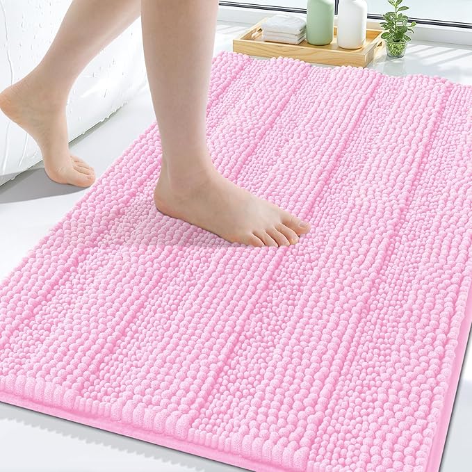 Grandaily Chenille Striped Bathroom Rugs 24x16, Extra Thick and Soft Absorbent Bath Mats, Rubber Backing, Plush Shaggy Shower Carpet, Machine Wash Dry, Bath Rug for Bathroom, Light Pink