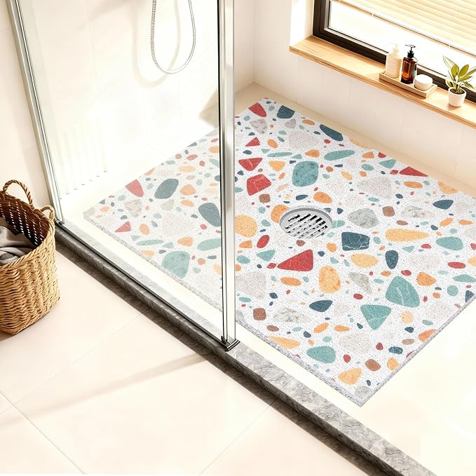 Non Slip Shower Mat: 32x24 Inch Extra Large Shower Mats for Inside Shower with Drain Hole in Middle - Soft PVC Loofah Anti Slip Shower Floor Mat for Standing and Walk-in Shower, Quick Drying