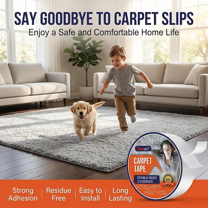 ETERART Heavy Duty Double Sided Carpet Tape - Fiberglass Reinforced, Residue-Free Rug Tape for Hardwood Floors & Tile - Hand Tearable, Anti-Slip Safety for Kids & Pets (2" x 10 Yards, White)