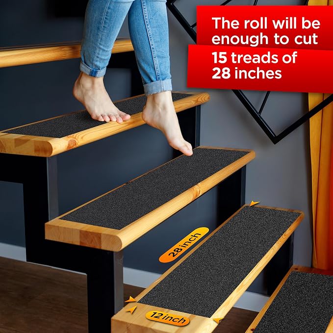Grip Tape - Heavy Duty Anti Slip Tape for Stairs Outdoor/Indoor Waterproof 12Inch x 35Ft Safety Non Skid Roll for Stair Steps Ramp Traction Tread Staircases Grips Adhesive Non Slip Strips Walk Black