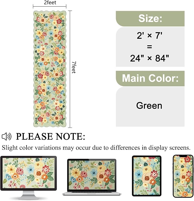 DUKINO Washable Runner Rug, 2x7 Lightweight Soft Floral Hallway Rug Runner with Low Pile Design, Non Shedding & Non Slip Backing Thin Indoor Carpet for Bedroom, Bathroom, Entrance, Kitchen, Green