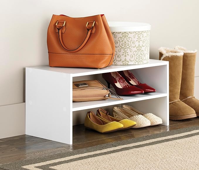 Whitmor Wood Stackable 2-Shelf Shoe Rack, White, 24 inches，2 Pack