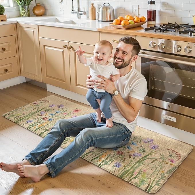 KIMODE Anti Fatigue Kitchen Mats for Floor 24"x59", Farmhouse Kitchen Runner Rug, Cushioned Kitchen Floor Mats Non Slip, Comfort Memory Foam Standing Mats for Laundry Office Sink Desk Brown