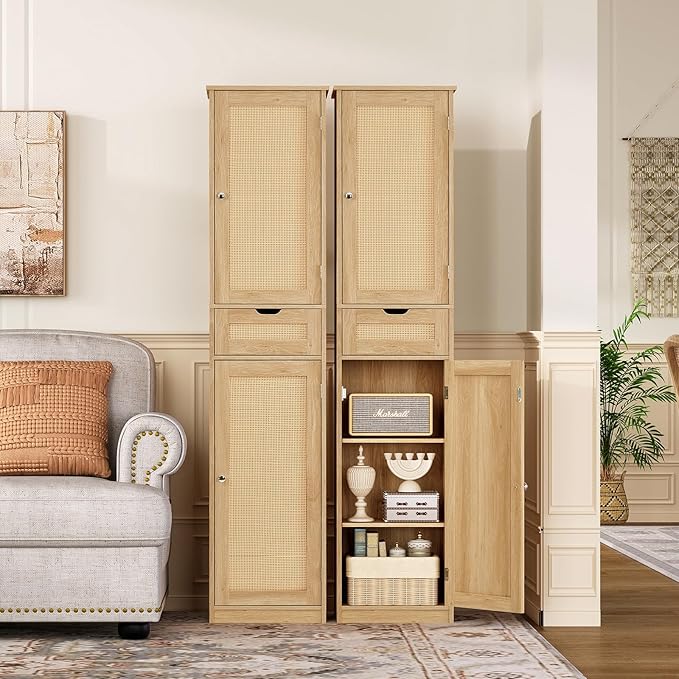 TEENFON 67" H Tall Storage Cabinet with 2 Rattan Doors and 1 Drawer, Narrow Rattan Cabinet with Adjustable Shelves, for Living Room, Entryway, Kitchen, Natural