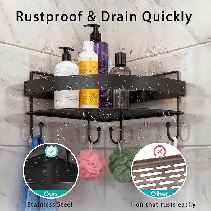Corner Shower Shelves, 2-Tier Black Shower Candy with 4 Hooks, Stainless Steel Bathroom Shower Organizers, Wall Mounted Caddy Shelves No Drilling with Adhesive, Triangle Storage Shelf for Toilet