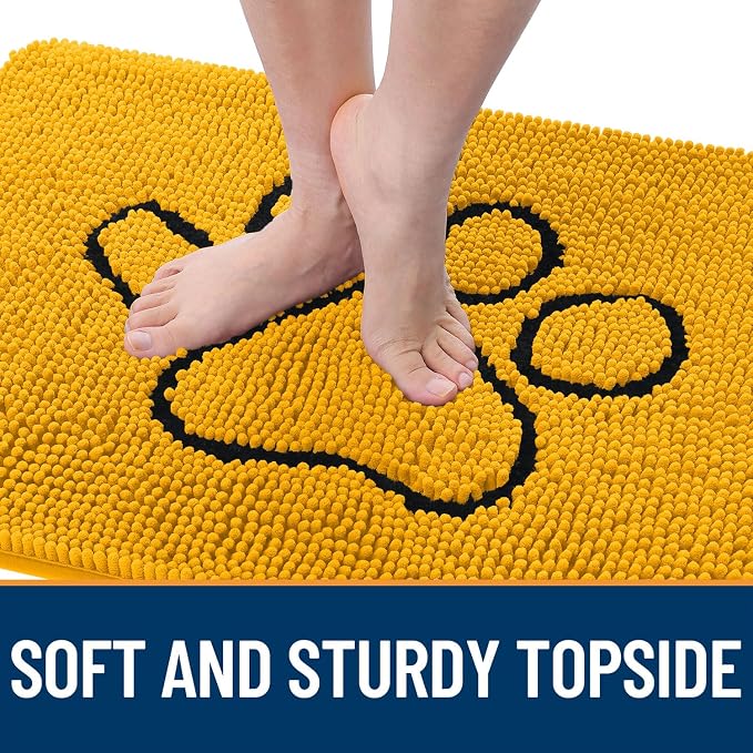 OLANLY Dog Door Mat for Muddy Paws 30x20, Paw Print Design, Absorbs Moisture and Dirt, Absorbent Non-Slip Washable Doormat, Quick Dry Chenille Mud Mat, Entry Indoor Entryway Carpet, Golden Yellow