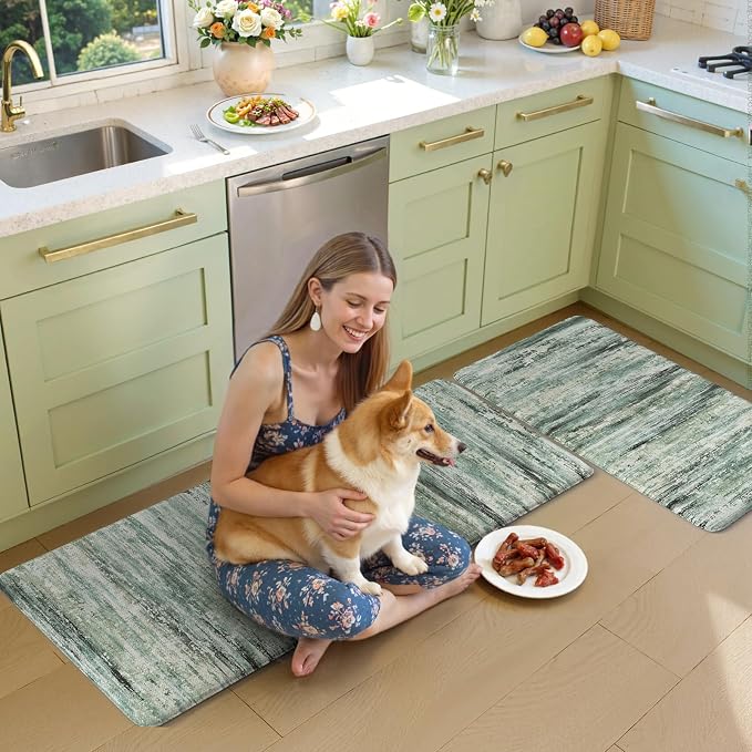 KIMODE Anti Fatigue Kitchen Mats for Floor 20"x47"+20"x32", Cushioned Abstract Kitchen Rugs Sets of 2, Padded Kitchen Floor Mats, Comfort Standing Mats for Laundry Office Sink Desk Green