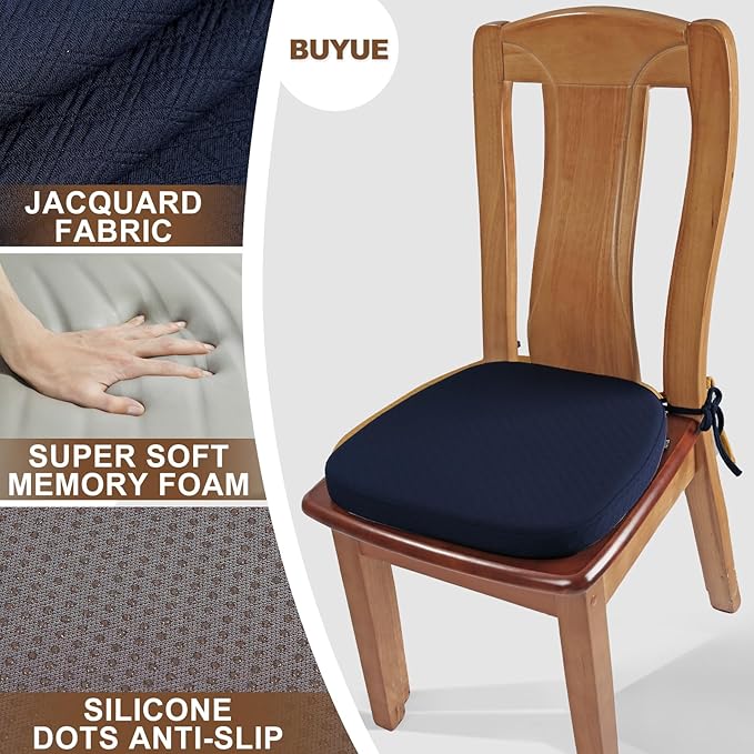 BUYUE Luxury 100% Pure Memory Foam Chair Cushion 1 Pack, Jacquard 16" U-Shape Comfortable Dining Chair Pad, Removable Slip Resistant Kitchen Chair Seat Cushion, (1 piece, Navy Blue)
