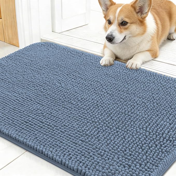 OLANLY Dog Door Mat for Muddy Paws 24x16, Absorbs Moisture and Dirt, Absorbent Non-Slip Washable Doormat, Quick Dry Chenille Mud Mat for Dogs, Entry Indoor Entryway Carpet for Inside Floor, Airy Blue