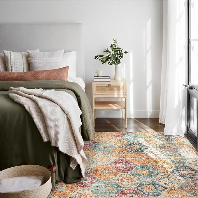 Lahome Moroccan 6x9 Rugs for Living Room, Soft Washable 6x9 Area Rug for Bedroom, Ultra-Thin Oriental Trellis Non Shedding Throw Large Carpet for Dining Room Office Elise, Cream/Multi