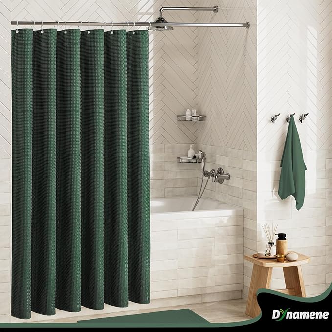 Dynamene Stall Fabric Shower Curtain - 48 inch Wide Waffle Weave Weighted Thick Cloth Shower Curtains for Bathroom, Neutral Heavy Duty Hotel Spa Luxury Bath Curtain Set with 8 Hook, 48x72, Dark Green