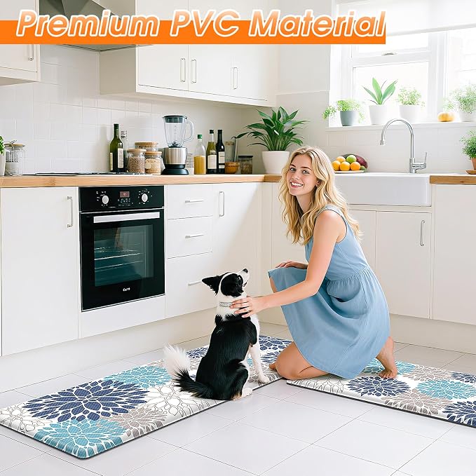 StepLively Kitchen Mats for Floor, 0.47" Anti Fatigue Mats for Kitchen Floor, Kitchen Decor and Accessories Non Slip Washable Mats Set of 2 for Sink, Laundry, 17.3"×30"+17.3"×47", Blue and White