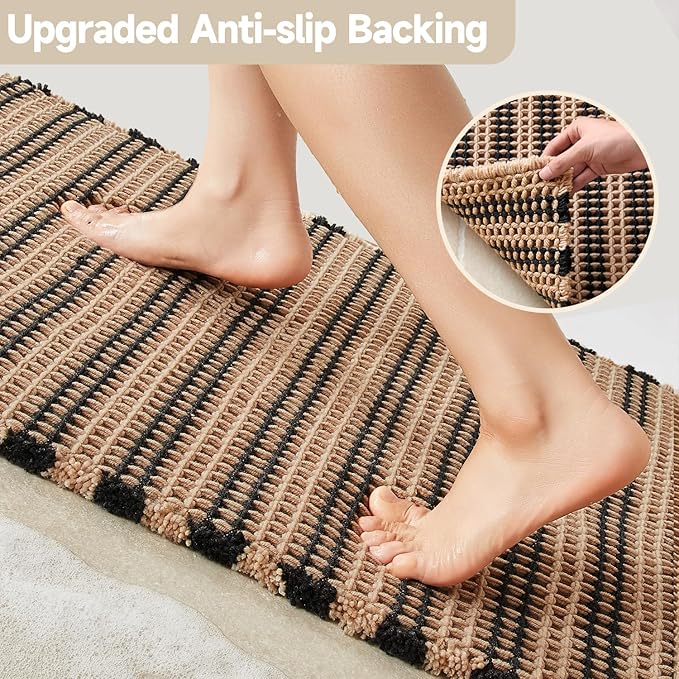 TYUU Waffle Runner Rug Bathroom, Long Boho Bathroom Rugs Non Slip Washable Super Absorbent Quick Dry Farmhouse Bath Decor, 60"x24" Black and Khaki
