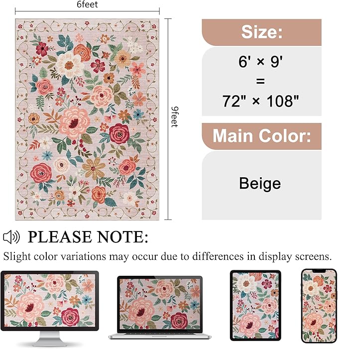 DUKINO 6x9 Area Rug, Floral Rugs for Living Room, Lightweight Non Slip Washable Rug, Indoor Low Pile & Non-Shedding Boho Design Rugs for Bedroom, Living Room, Dining Room, Beige