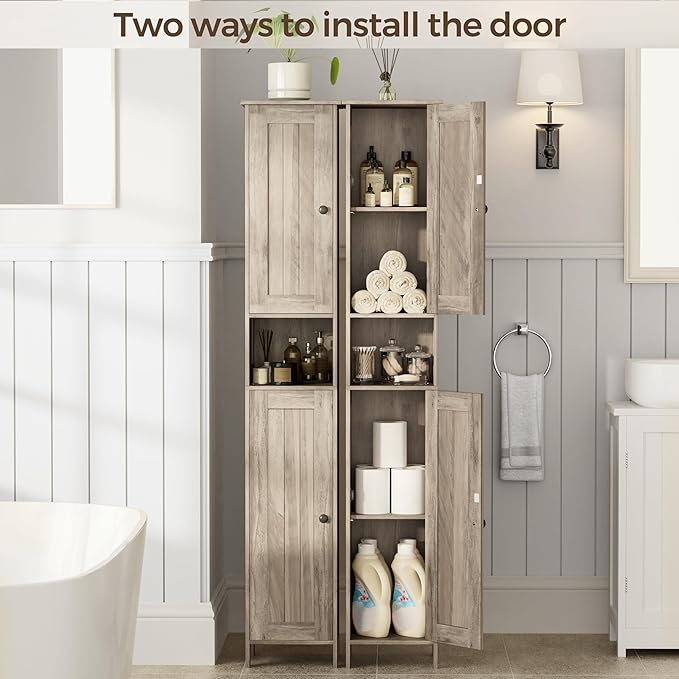 Homleke Tall Bathroom Storage Cabinet with 2 Doors, 67"H Narrow Storage Cabinet with Adjustable Shelves& Anti-Tip Design, Reversible Door Installation, Easy Assembly, 11.8 x 11.8 x 66.9 Inches, Greige