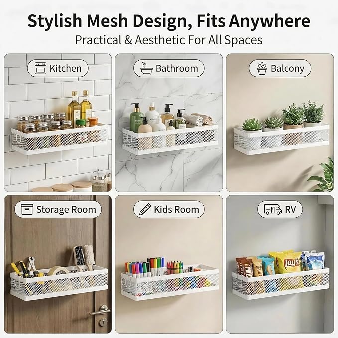 PUSDON 16.5-Inch Extra Long Slim Mesh Shower Caddy, Wall Mounted Bathroom Organizer with Adhesive, Heavy Duty Rustproof Shelf for Narrow Kitchen Pantry & RV, Holds 50 LBS 2-Pack - White Netting