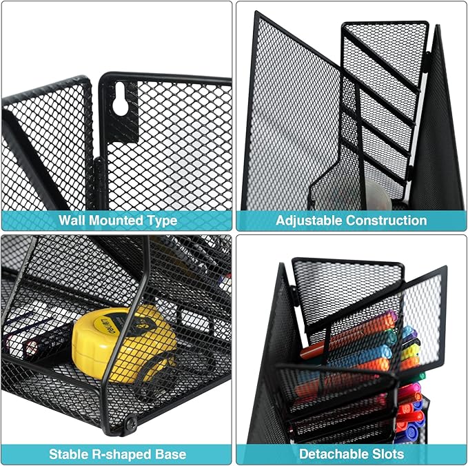Jakyitvi File Organizer Wall Mounted, 4 Tiers Durable Adjustable Metal Desk Organizer, Desktop Hanging File Holder with 4 Pen Slots Stable, 4 Pull-Out Divider for File, Mail, Black, Patent Pending