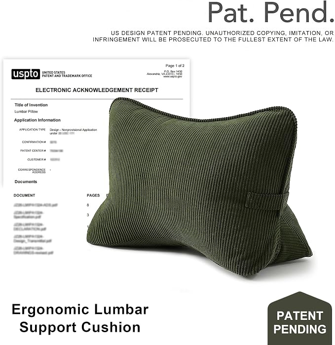 Pat. Pend. Corduroy Ergonomic Lumbar Support Pillow for Sitting Support, Triangle Back Cushion for Sofa, Armchair & Bed, Washable Cover, Avocado Green