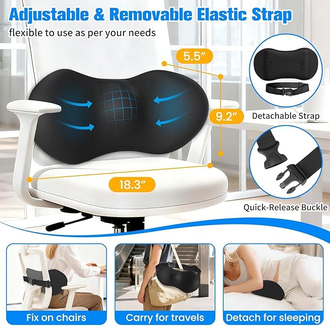 SweetSlubr Lumbar Support Pillow for Office Chair - Memory Foam Lumbar Pillow with Detachable Strap & Breathable Cover, Ergonomic Back Support for Office Chair, Car Seat Cushion, Bed Rest (Black)