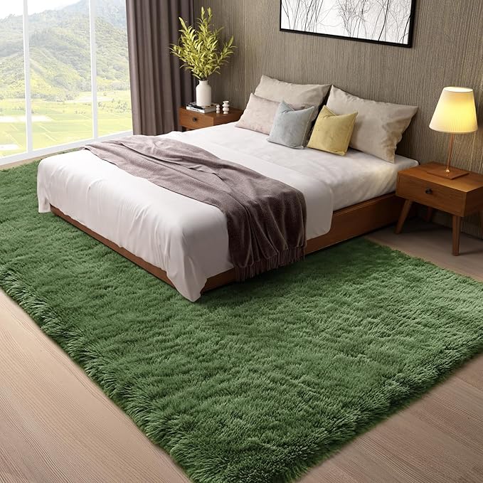 Ophanie Gray Green Rugs for Living Room 5x8, Grass Shag Fluffy Large Fuzzy Plush Soft Carpets, Floor Shaggy Area Rugs for Bedroom, Carpet for Kids Boys Girls Dorm Nursery Home Decor Aesthetic