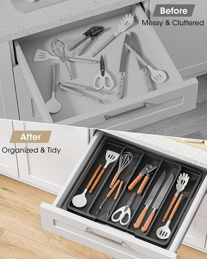 Aujen Silverware Organizer - Expandable Kitchen Drawer Organizer, Adjustable Utensil Organizer, Cutlery Tray for Forks, Knives, Multipurpose Kitchen Organizers and Storage Solution, Black, X-Large