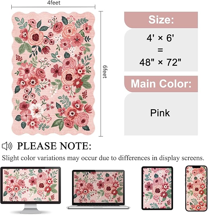 DUKINO 4x6 Area Rug, Floral Non-Slip Indoor Washable Rug with Low Pile & Non-Shedding, Lightwight Boho Design Carpet for Entryway, Bedroom, Kids Room, Living Room, Kitchen, Pink