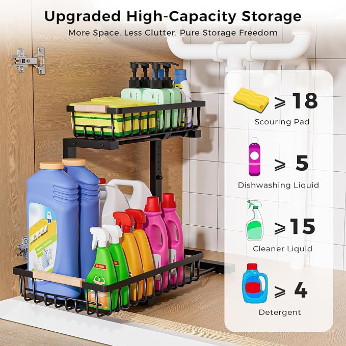 Under Sink Organizer,2 Pack Under Kitchen Sink Organizer,2 Tier Sliding-Out,5 Level Height Adjustable,Thickened Carbon Steel,Anti-Rust Treatment,for Kitchen Bathroom Black