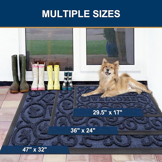 Smiry Welcome Door Mat Outside Entrance, Heavy Duty Trap Dirt and Moisture Easy Clean Low Profile Patio Porch Indoor Outdoor Front Doormat for Entry, 47x32 Inch, Navy Blue