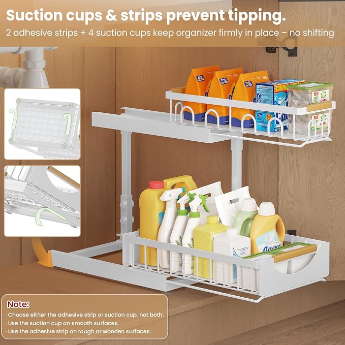 Under Sink Organizer and Storage for Bathroom and Kitchen - 2 Pack 2 Tier Under Cabinet Pull Out Shelf Organizers - Slide Out Drawer Organization for Home Cabinets Shelves and Drawers