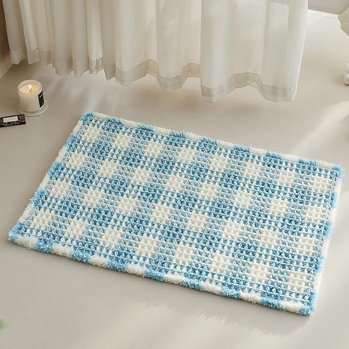 TYUU Waffle Bath Mat, Boho Bathroom Rugs Non Slip Washable Absorbent Checkered Bathroom Mat Quick Dry Cute Bath Mat, 30"x20" Blue and White